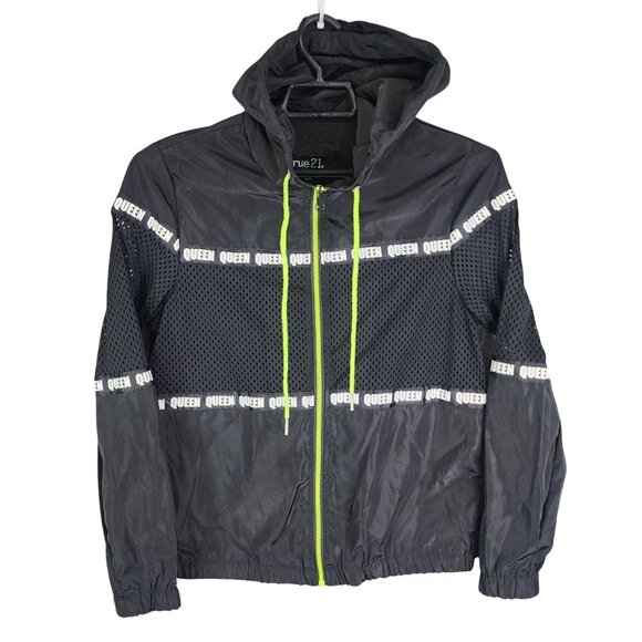 Womens Black Rue21 "Queen" Mesh Panel Hooded Jacket Full Zip Long Sleeve Size S - Picture 1 of 8